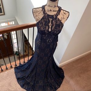 Nightway glitter navy lace lined evening dress
